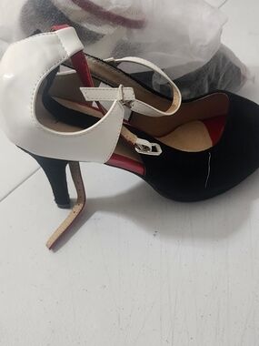 Two-Tone Black, White and Red Ankle-Strap Heels